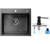 Fregadero de cocina negro antracita de 50 x 45 cm + dispensador de jabón negro