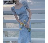 Vestidos de verano Vestidos largos dulces estilo retro francés Vestidos florales con escote cuadrado y mangas abullonadas M azul