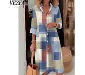 VEZFAA Vestidos casuales de cintura holgada con cuello tipo polo y manga larga con estampado de bloques de colores para primavera y otoño para mujer S