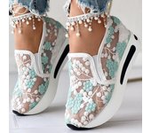Plataforma Cuñas Zapatillas de deporte de mujer con bordado floral de malla para mujer Slip On Casual cómodos zapatos de tacón 42