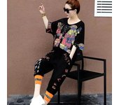 2 Unids/set Conjunto de Camiseta y Pantalones para Mujer Estilo Hip Hop Estampado Cuello en V Media Manga Top Pantalones Cortos con Banda en el Tobillo Ropa de Calle Traje Diario de Viaje M rojo