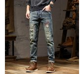Pantalones vaqueros desgastados retro nuevos europeos y americanos de 2024, pantalones vaqueros elásticos nostálgicos de pierna recta desgastados de alta gama para hombres 28