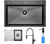 FREGADERO DE COCINA DE ACERO INOXIDABLE 70×45cm,Grifo de cocina monomando de muelle,dosificador de jabón