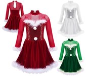 Tutús de ballet navideños para niñas, disfraz de muñeco de nieve con lentejuelas brillantes, vestido de tutú de plumas de manga larga, ropa de baile para patinaje artístico 5-6 Years rojo