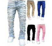Nuevos pantalones vaqueros de mezclilla de pierna recta para hombres, moda urbana ins, pantalones vaqueros de pierna recta con parches elásticos coloridos S