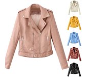 Chaqueta corta de cuero para mujer, de manga larga, con solapa, cremallera, botón y bolsillo para motocicleta XXXL negro