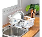 Estante para secar platos, escurridor de utensilios de cocina con tablero de drenaje, encimera, vajilla, platos, tazones, estante de almacenamiento de vajilla blanco