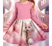 Vestido de princesa para niña, informal, con estampado de gato en 3D, cuello redondo, manga larga, informal, de primavera 80 negro