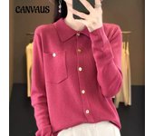 Camisa POLO de manga larga Suéter de mujer Solapa de otoño Top de punto recto S caqui