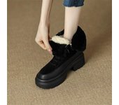Meotina, botas cortas hasta el tobillo de cuero genuino para mujer, plataforma con punta redonda, tacones altos, botas de combate con cordones de lana, zapatos de invierno para mujer 34 negro