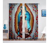 Cortinas de gasa transparentes florales para dormitorio, sala de estar, cocina, cortinas de tul de gasa de Nuestra Señora Guadalupe, Santa Virgen María mexicana W65X60H(cm)X2Pcs&Hook