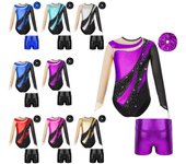 Mallas de gimnasia para niñas, monos de baile de manga larga con pantalones cortos, banda para el pelo, ropa deportiva para ciclistas 11-12 Years negro/rojo