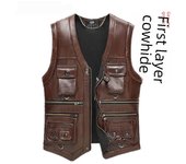 Chaleco de cuero genuino para hombre: Chaleco de piel de vaca de capa superior, multibolsillos para exteriores, cálido abrigo de pesca de otoño-invierno para personas de mediana edad y mayores. Chest 3 feet 6 marrón