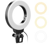 Mini Anillo de luz LED de 4 pulgadas, iluminación de videoconferencia para ordenador portátil con Clip, 3 modos de iluminación, 3200K-6500K, regulable, alimentado por USB negro