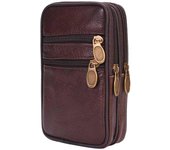 Riñonera de cuero auténtico para hombre, bolsa con doble cremallera para teléfono móvil, monedero, bolsillo café oscuro