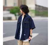 Camisa vaquera holgada de manga corta de marca de moda retro japonesa de verano, camisa de trabajo artística juvenil, chaqueta de capas para hombre y mujer M azul oscuro