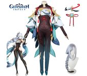 Shenhe-Disfraz de Cosplay para mujer, uniforme de juego, monos, accesorios para puños, conjunto completo, disfraz de fiesta de Halloween L-(Full set+wig)