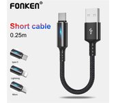 Fonken Cable de carga USB corto de 25 cm Cable micro USB tipo C para iPhone Huawei Android 2.4A Cable de carga del banco de energía de carga rápida con luz indicadora Micro USB Cable negro