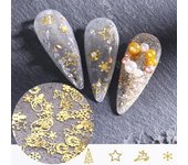 1 caja de decoración de uñas con diseño de alce, muñeco de nieve y copo de nieve, de metal dorado
