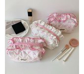 Bolsa de maquillaje de algodón con bonito lazo y flores para mujer, organizador de cosméticos con cremallera, bolso de tela para mujer, estuche de aseo portátil para niñas color rosa