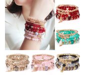 Conjunto de 4 pulseras de cuentas de cristal de piedra Natural multicapa estilo bohemio a la moda para mujer rojo