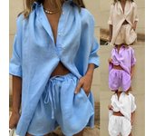 Chándal de mujer de Color sólido de manga corta informal de un solo pecho con entrepierna profunda blusa de verano conjunto de pantalones cortos ropa diaria S caqui
