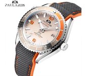 PAULAREIS Reloj clásico con bisel giratorio automático para hombre, correa de goma de lona mecánica, color naranja, azul y rojo