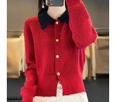 Suéter de cambray con cuello de polo, chaqueta tipo cárdigan, cuello de muñeca con bloques de color, prendas de punto, tops para mujer M color rosa