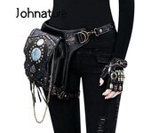 Johnature Riñonera con remaches de cadena Steampunk, riñonera unisex para Moto y motero, bandoleras de piel sintética multifuncionales negro
