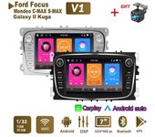 Radio de coche con reproductor multimedia para Ford Focus Mondeo C-MAX S-MAX Galaxy II Kuga 2 Din Android Carplay GPS Autoradio 1+32 GB negro
