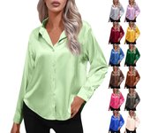 Camisa de satén para mujer, de seda simulada, de manga larga, de color liso, elegante, con botones y solapa delantera L beige