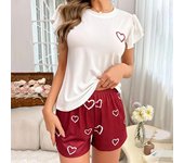 Conjunto de pijama de manga corta con volantes para mujer, top y pantalones cortos con estampado de corazones, ropa de dormir informal de verano de dos piezas S blanco