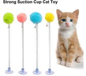 Juguete para gatos con resorte y bola de peluche con ventosa en la parte inferior, palo para gatos con cabeza de campana, entretenimiento para gatos de interior verde claro