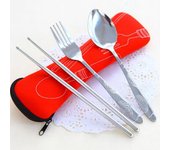 Juego de 3 cubiertos portátiles de acero inoxidable con forma de K y palillos para viajes y picnic rojo
