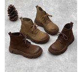 Botas cortas de suela gruesa de cuero hechas a mano vintage de otoño e invierno, botas Martin de piel de vaca con cordones y punta redonda artística para mujer 40 café
