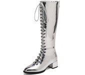 Krazing Pot Botas de microfibra para otoño e invierno, botas de moda con punta redonda, cálidas, con tacones medios y cordones cruzados, botas altas hasta el muslo 34 oro