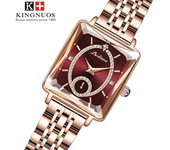Reloj de dos manecillas con incrustaciones de diamantes y diseño cuadrado en oro rosa de moda KINGNUOS para mujer