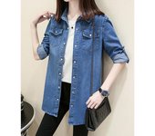 Camisa vaquera, chaqueta fina, camisa holgada de manga larga para mujer, chaqueta vaquera, camisa de longitud media para primavera, talla grande L azul