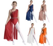 Vestido de baile lírico para niñas, leotardo de gimnasia con falda de malla transparente, traje de baile contemporáneo moderno para patinaje artístico 5-6 Years borgoña