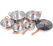 Juego de Ollas y Sartenes Modelo Madera Veteada Acero Inoxidable Vidrio Plástico Fenólico con Mango Ergonómico Cocina L