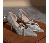 Zapatos de tacón alto con abertura lateral y brillantes plateados para mujer, zapatos de boda puntiagudos con diamantes de agua, tacones finos para novia. 34 plata