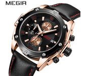 MEGIR Relojes de pulsera de cuarzo para hombre con correa de cuero negro plata/negro