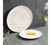 Plato de cerámica texturizada Half Rock blanco puro, plato para carne, plato de postre, platos para pasta, vajilla especial de cocina molecular