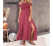 Vestido de verano Tallas grandes Casual Bohemio Impreso Sin tirantes Un cuello Vestido dividido Vestido largo floral L blanco