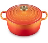 Olla de esmalte fundido Le Creuset Signature Cocotte Ronde de 24 cm con crisol flameado, perilla dorada clara, compatible con horno de gas IH japonés [100.º aniversario]