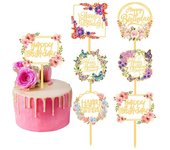 Adorno para tarta de flores, feliz cumpleaños, dorado, plateado, para fiesta de cumpleaños, decoración acrílica para tartas, tartas de boda, decoración de postres 6