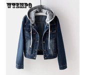 Chaqueta vaquera para mujer, chaqueta informal con capucha para otoño e invierno, chaqueta corta para estudiantes XXXL azul