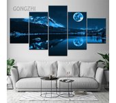 Póster Artístico de pared para el hogar, decoración moderna, imagen Modular de cinco piezas, escena nocturna azul abstracta, Luna, pintura en lienzo de alta definición 20x35cm*2  20x45cm*2  20x55cm*1