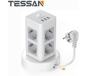 TESSAN Regleta de 8 Vías con Cable de Extensión Retráctil, Regleta de Enchufes Múltiples con Cable de Extensión de 2 m para el Hogar 8 Outlet&2 USB-A&1 USB-C gris