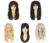 Peluca Cosplay Rockstar Años 70 80 Rockero Cabello Negro Castaño Rubio Punk Esponjoso Ondulado Fiesta de Halloween Pelucas Mullet Accesorios Rock One Size